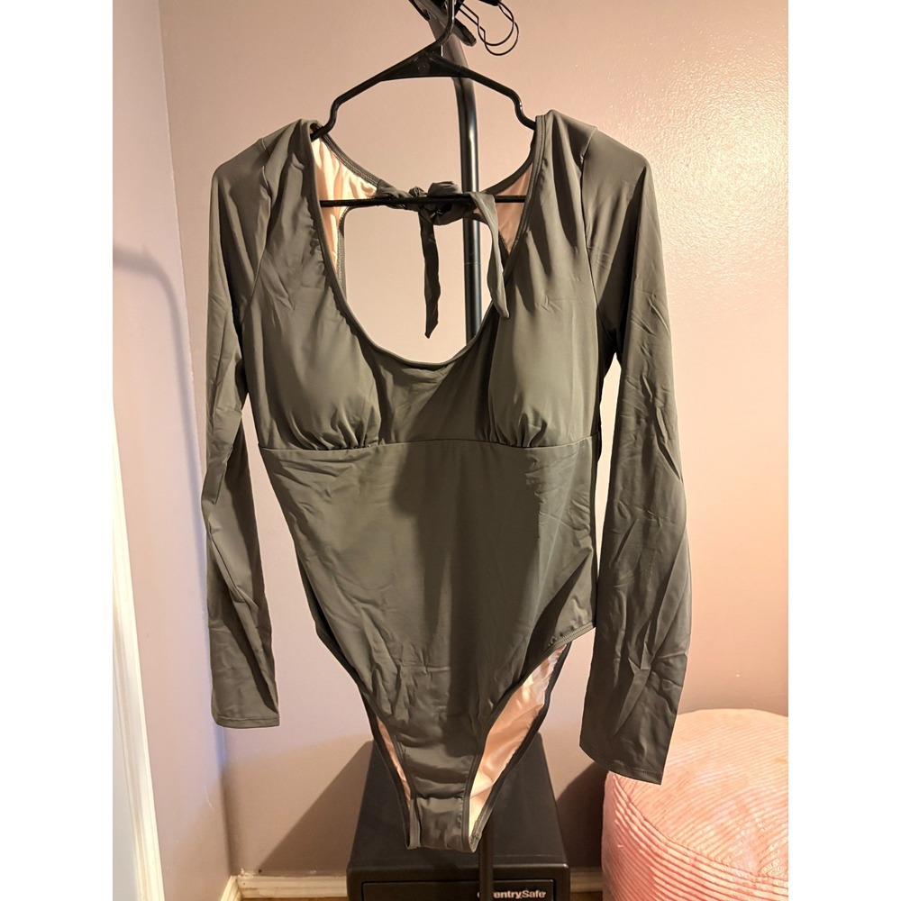 Cupshe Greenish Gray Ling Sleeve Swimsuit Sz XL